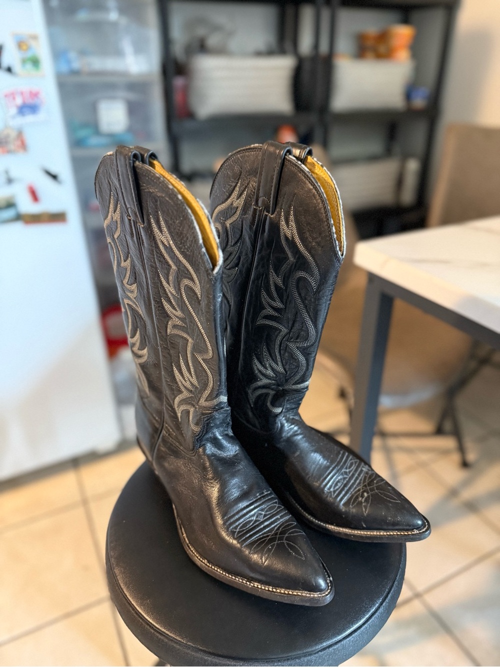 Nocona Black Leather Western Boots with Cream Stitching